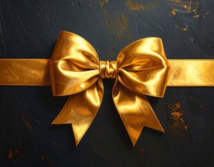 A close-up shot of a golden bow, its silky fabric shimmering against a dark, textured background with golden paint flecks