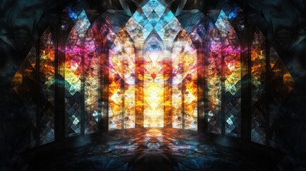 Gothic cathedral stained glass window, abstract geometric patterns of pure, fractured light, obsidian frame, surreal iridescence, god rays