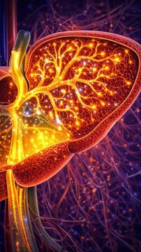 Glowing liver anatomy illustration revealing organ anatomy with branching vascular and biliary system, illuminated circulation and cellular network warm tones evoking medical biology, vascular artery