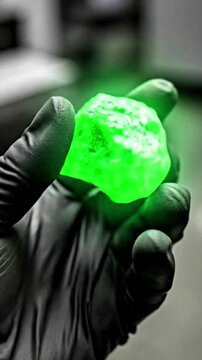 9:16, Video, hand holding uranium rock, industry, mining, energy, close-up, green, 