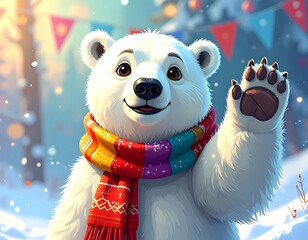 A charming, friendly cartoon polar bear waving hello, wearing a colorful scarf in a snowy forest. Bokeh lights and bunting in background