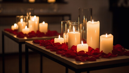 Elegant romantic table setup featuring candles and red rose petals creating a warm and intimate night ambiance. Ideal for romantic dinners, proposals, weddings, and Valentine’s Day themes.