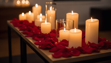 Romantic candlelight scene with glowing candles arranged on a table covered with red rose petals in a dark, intimate atmosphere. Perfect for love, romance, Valentine’s Day, wedding, and anniversary.