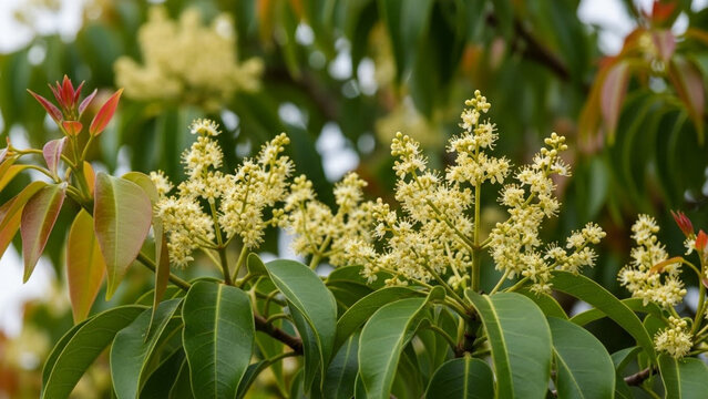 Close up of a blooming lychee tree with small white flowers and green leaves. Camphor products