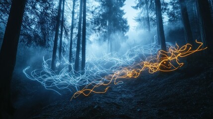 Ethereal light trails, forming complex calligraphic strokes, as if written by light, against a dark, misty forest, magical script concept