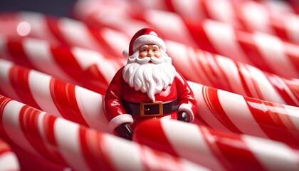 Miniature jolly figure sits atop candy canes. Festive arrangement of red and white striped sweets. Selective focus highlights the miniature