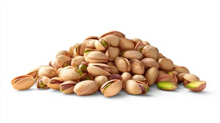 Pile of raw pistachio nuts on white background. AI image