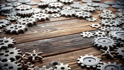 Intricate grey gear border puzzle pieces lie scattered on a worn wooden table