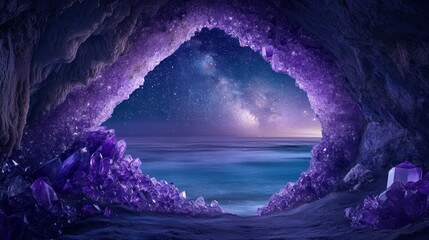 A geode-lined cave mouth, amethyst crystals glittering, overlooking a calm, deep blue sea under a starry night sky, magical realism