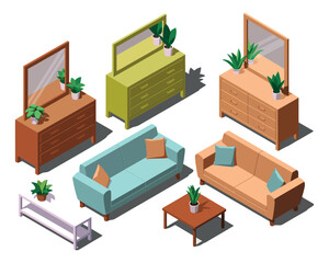 A collection of isometric furniture pieces, including sofas, dressers, and a coffee table, arranged on a white background.