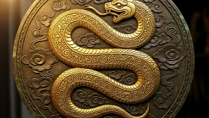 Golden snake emblem on intricately designed metallic coin surface with Feedio Whisk details