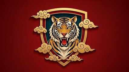 Fierce Tiger Illustration with Golden Ornaments on Red Background Feedio Whisk