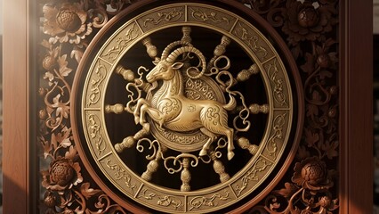 An intricately carved wooden panel featuring a golden goat emblem surrounded by mystical symbols and zodiac signs