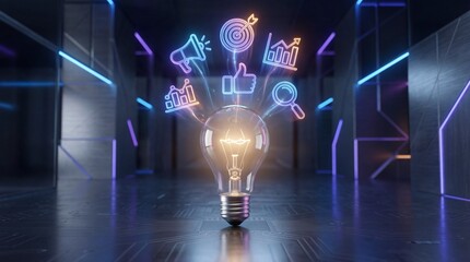 Glowing lightbulb with social media icons isolated on white background