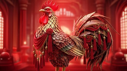 Vibrant Rooster Statue Standing Proudly in a Luxurious Red Palace with Intricate Architecture and Ornate Decor Feedio Whisk