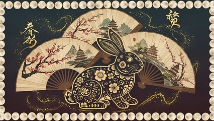 An intricately designed rabbit figurine stands amidst open fans featuring serene landscapes, blending traditional motifs with modern flair in Feedio Whisk style