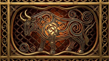 An ornate golden bull illustration with intricate designs on a patterned background Feedio style