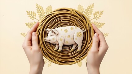 Hands holding a wicker basket with a pig figurine and leaves, Feedio Whisk scene, creative display of animal and nature elements