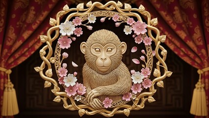 Golden monkey surrounded by flowers in an ornate frame with luxurious red curtains and golden tassels