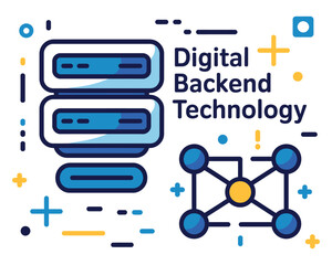 Digital backend technology concept with servers and network nodes.