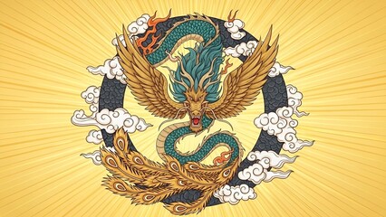 A mythical dragon and phoenix illustration on a vibrant yellow background with radiating sun rays and surrounding clouds, depicted in a traditional style