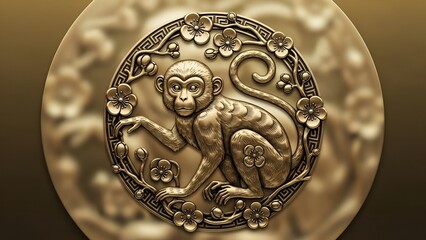 An intricate golden monkey emblem on a circular background, showcasing detailed craftsmanship and symbolic representation.