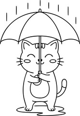 Cute Cat Holding Umbrella Outline Illustration