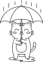Cute Cat Holding Umbrella Outline Illustration