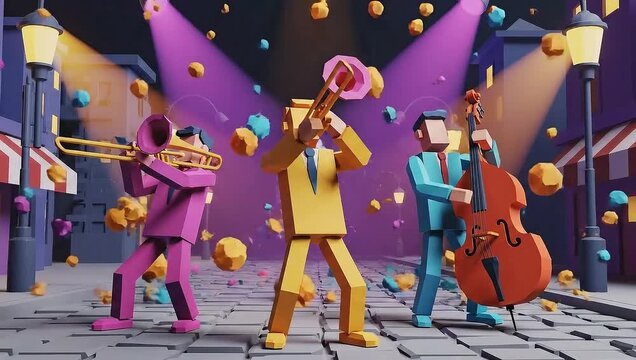 Low poly jazz band performing on a city street at night.