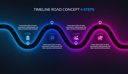 Timeline infographic 4 steps timeline concept. Winding road.