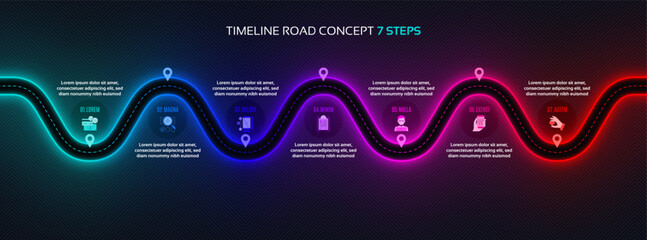 Timeline infographic 7 steps timeline concept. Winding road.