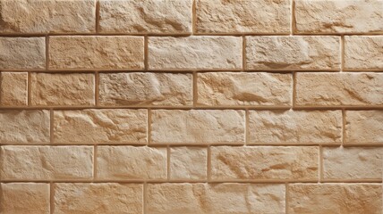 Textured tan brick wall patterned in neat rows. AI image