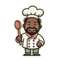 Warm inviting cartoon sticker portrait of African American chef with transparent background