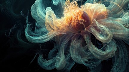Anemone, its tentacles like flowing strands of bioluminescent hair, surreal living light texture, gentle pulsating glow