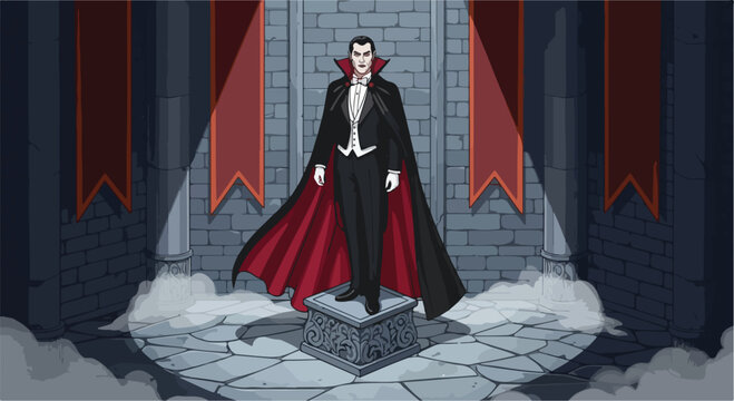 A cartoon vampire stands on a stone slab in a castle with a red cape and fangs, against a grey brick wall with red banners.