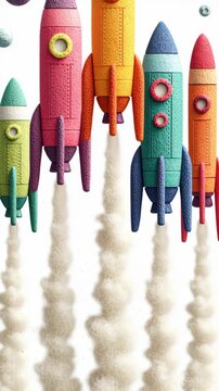 Colorful rocket launch with smoke trail and planets in space, playful creative toy illustration evoking imaginative space exploration and pre seed funding concept adventure