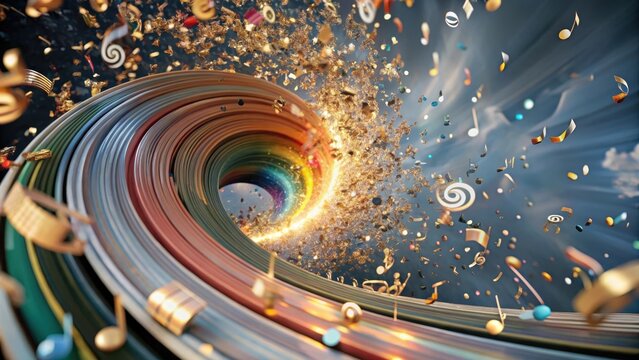 Vibrant Harmony A kaleidoscope of colors swirls around a collection of musical notes, as if theyre floating in midair, evoking a sense of dynamic