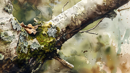 watercolor close-up moss on tree branch earthy