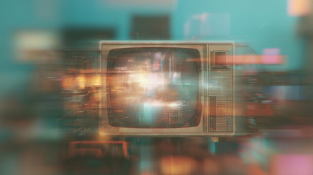 Vintage television with glowing screen creates a nostalgic atmosphere in a colorful room