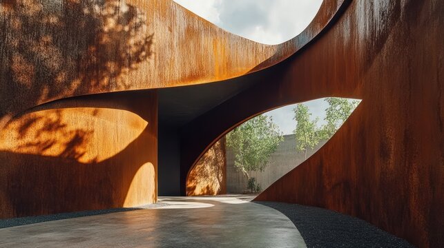 Bell-Lloc Winery, RCR style, its inclined steel plates appearing as giant, rusted steel vines growing from the earth, spaces between them filled with dark, liquid shadow