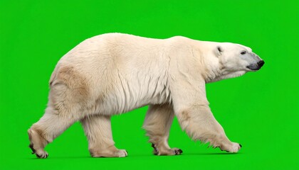 Fototapeta premium Full side view of a large, walking white mammal with thick fur, set against a vibrant green background. It shows all four paws