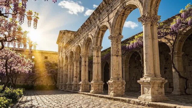 Ancient Arches and Courtyard in a Historic Monastery.