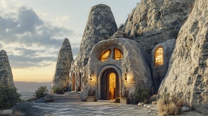 A hotel carved into a Cappadocian fairy chimney, the volcanic tuff transformed into smooth, obsidian-like volcanic glass