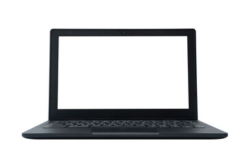 Black laptop with blank white screen isolated on white background, front view