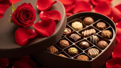 Heart-shaped box of chocolates with red rose and petals, perfect for Valentines Day or romantic gestures.