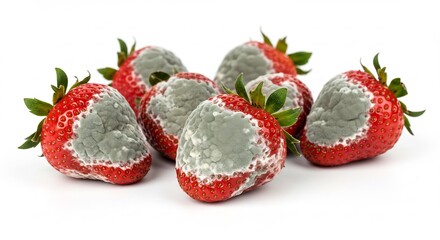Vibrant red strawberries decaying with prominent fuzzy grey mold spots clearly illustrating food waste against a plain white field. AI Generated