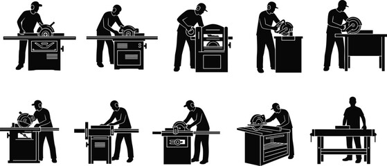 Carpenter and woodworker silhouettes using table saw and woodworking machines, professional workshop labor vector icon set
