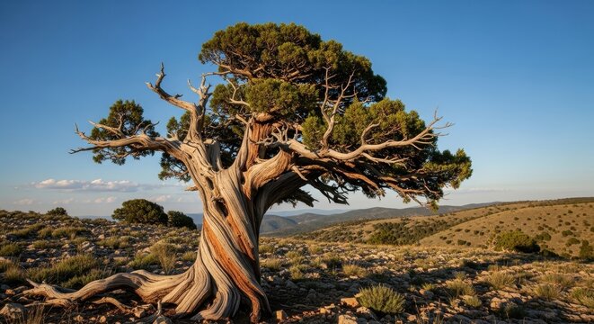 Resilient ancient juniper tree standing tall amid arid landscape under clear skies