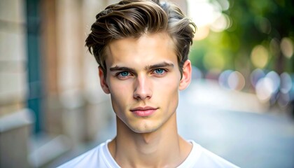 Portrait of a young man with striking blue eyes and light brown hair gazing directly at the viewer. Blurred background