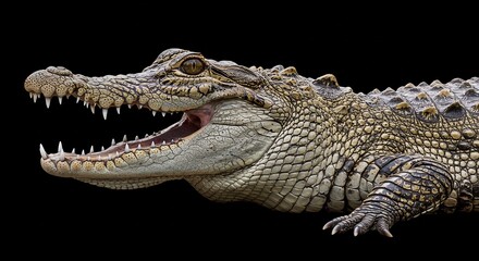 A powerful crocodile opens its formidable jaws widely revealing menacing sharp teeth under bright studio light. AI Generated